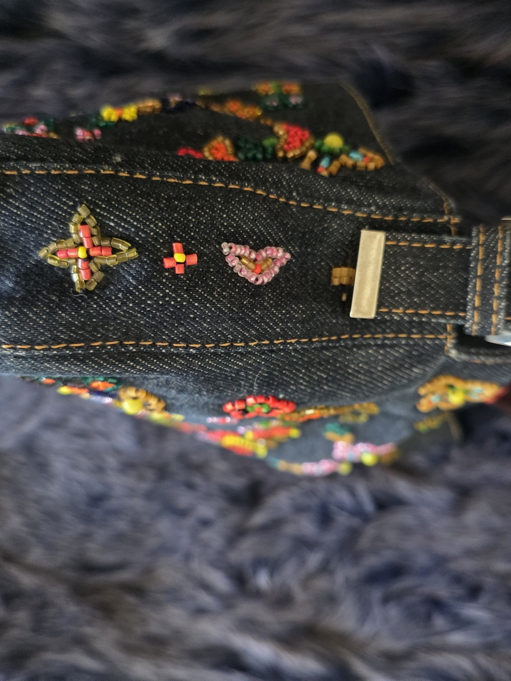 Fendi Denim Baguette Shoulder Bag with Floral Embroidery And Extra Beads - Picture 9 of 10